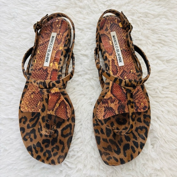 Manolo Blahnik Leopard Suede Leather Thong Flat Sandals size 38 US 7 - Picture 11 of 16